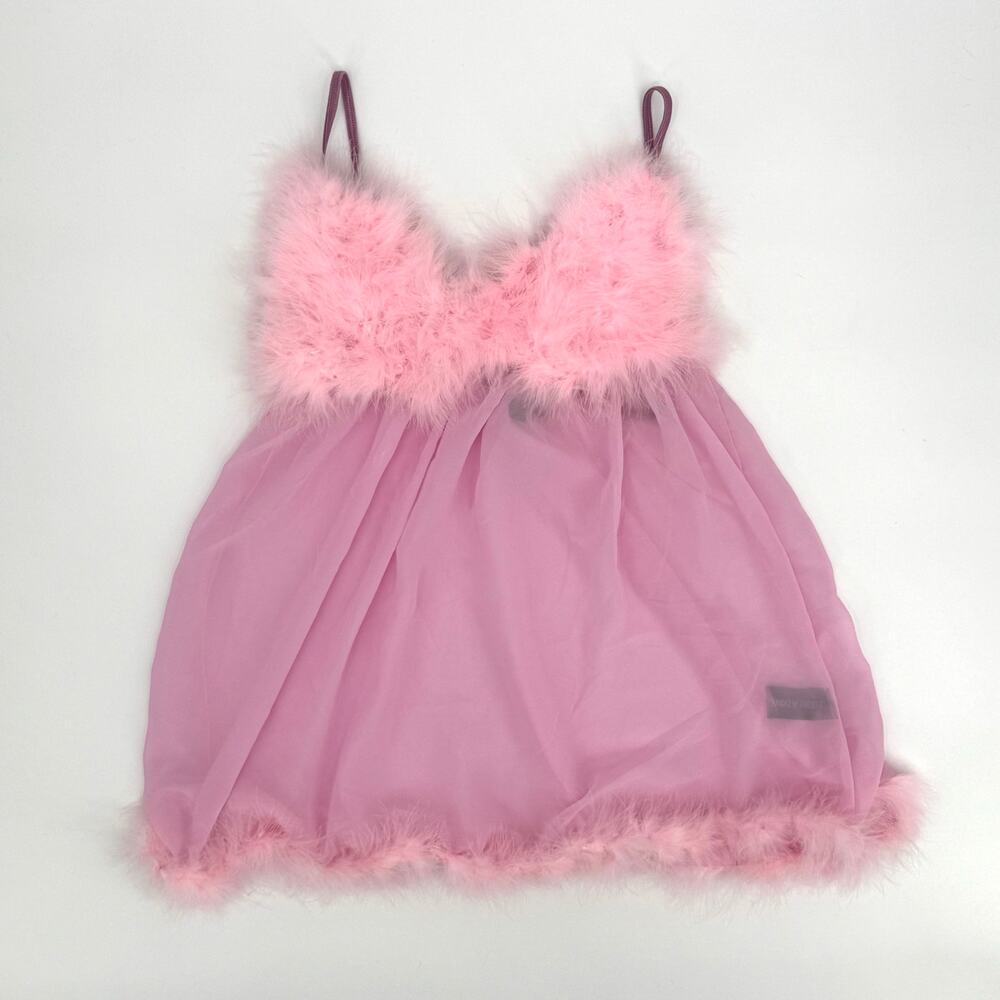 Y2K Pink Marabou Feather Sheer Babydoll Mini Dress Coquette Lolita Lingerie